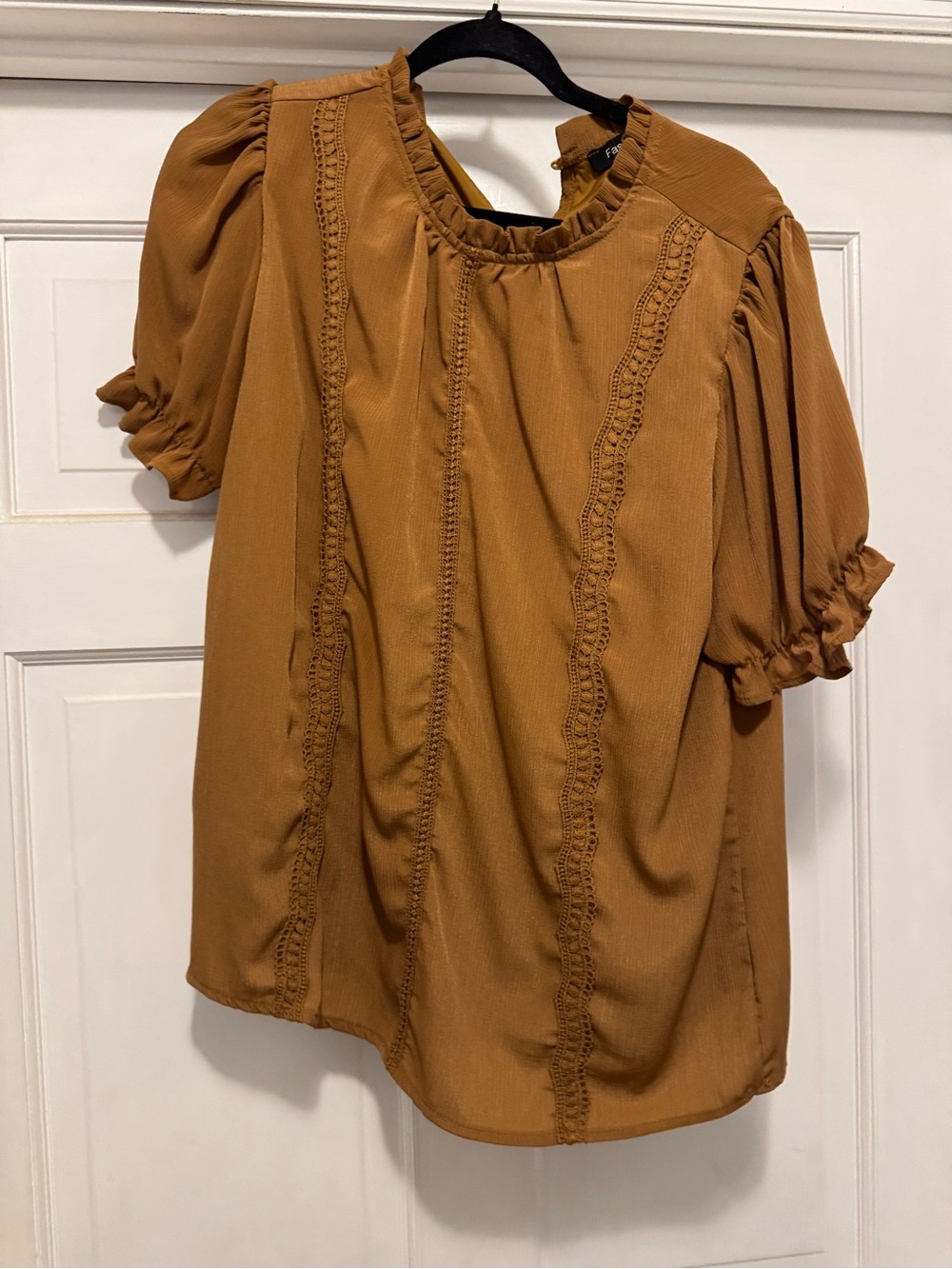 Amazon Women's Ruffle Neck Puff Sleeve Blouse - Mustard Brown